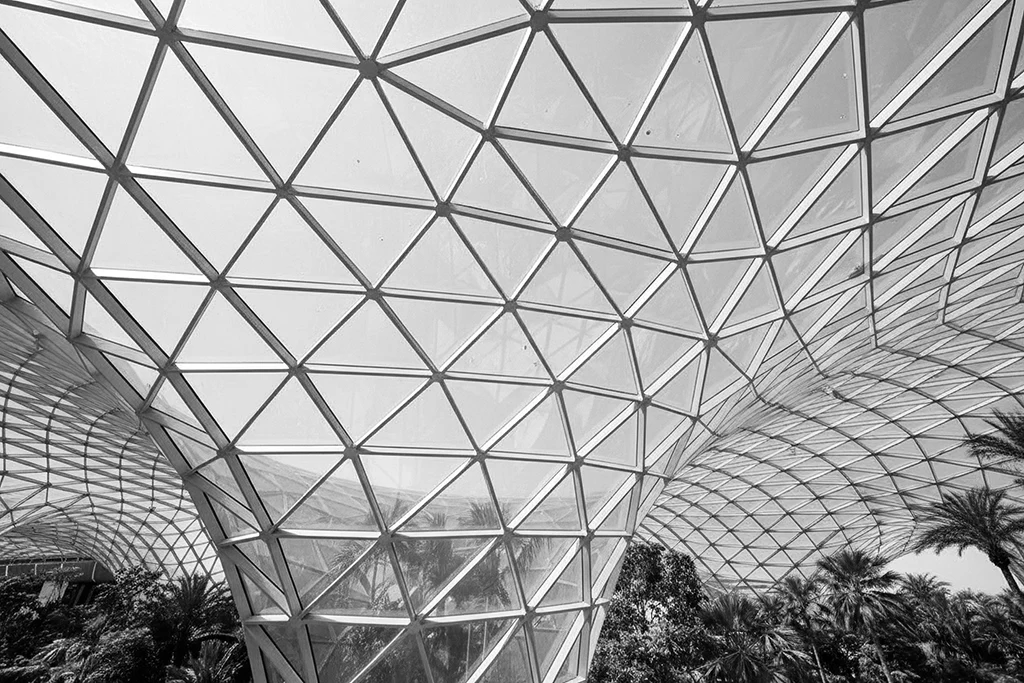 Interior view of a geometric glass ceiling structure with a funnel-shaped design above lush indoor trees. Hamad International Airport.
